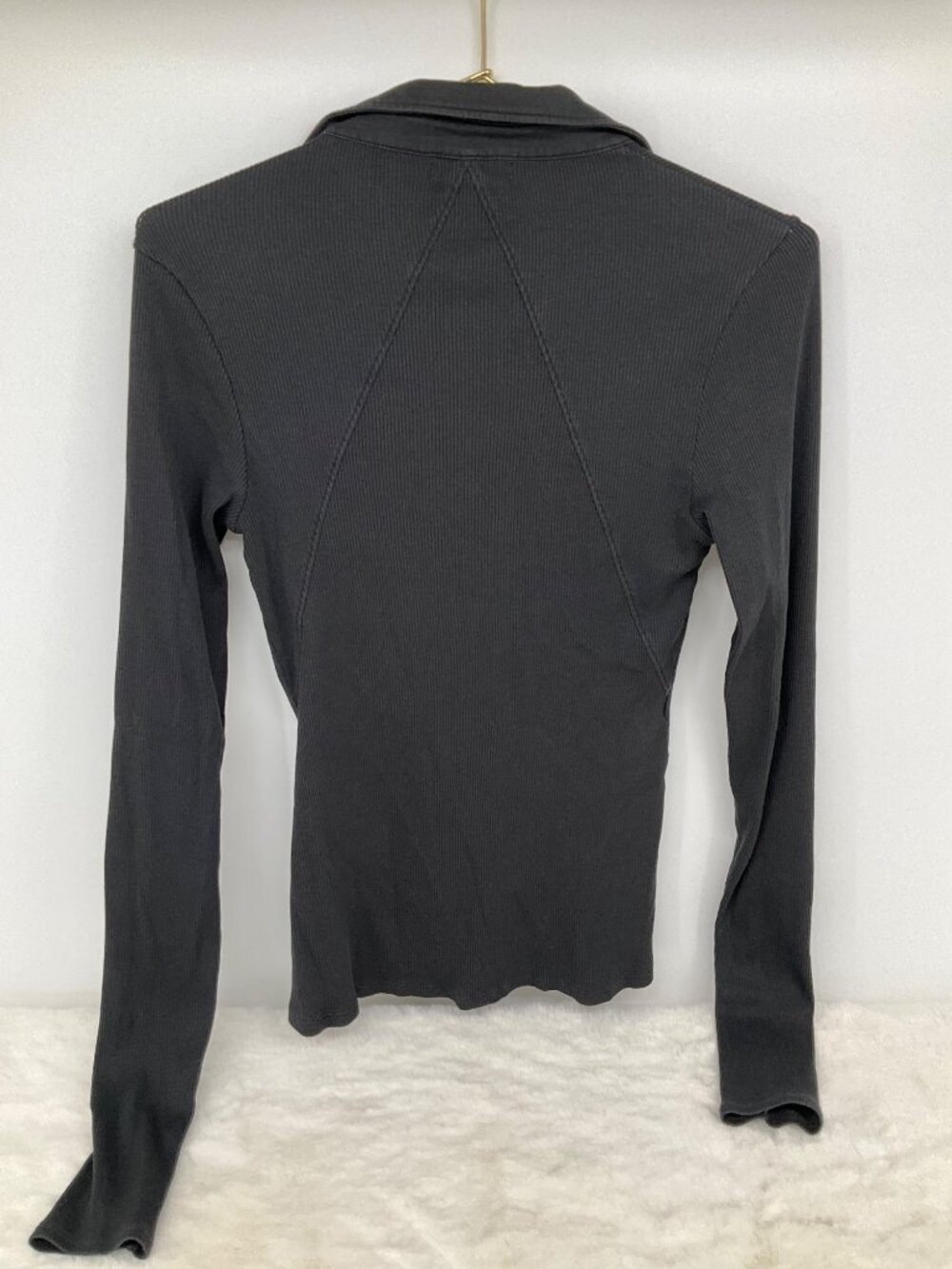 Rag & Bone size Small Essential Black Ribbed Long-Sleeve Button-Front Polo Top - Picture 4 of 5